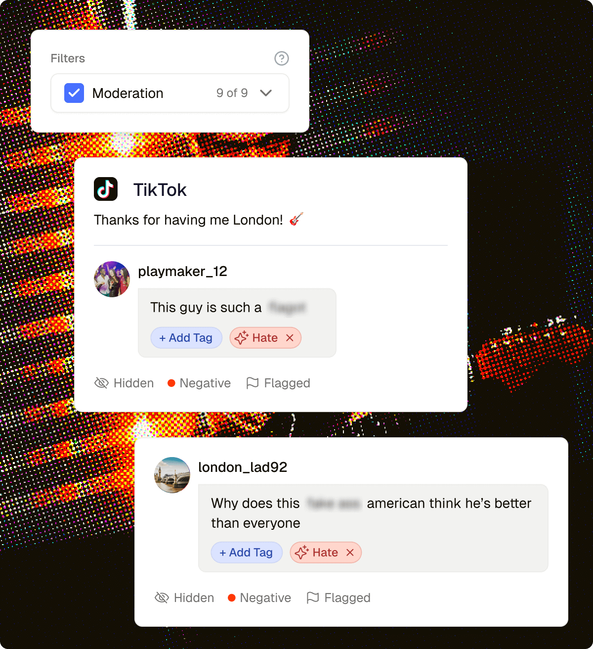 Sence moderation view showing a TikTok comment tagged as hate, hidden and flagged