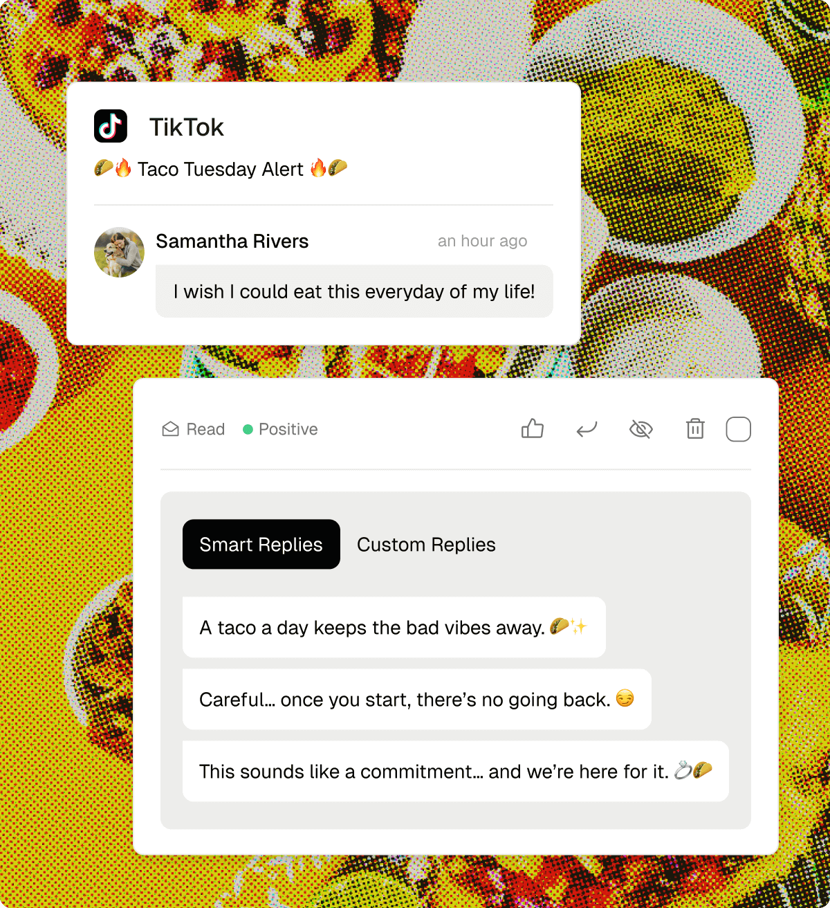 Sence suggesting three smart replies to a positive comment on a TikTok post