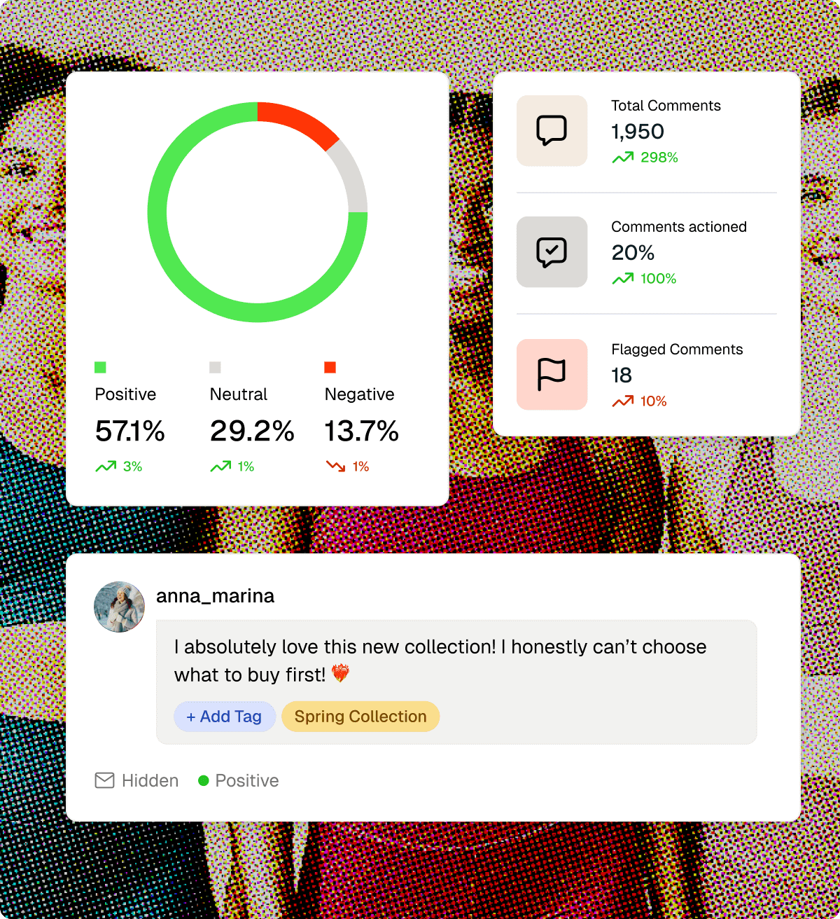 Sence dashboard with a sentiment breakdown, comment volume metrics and a tagged comment