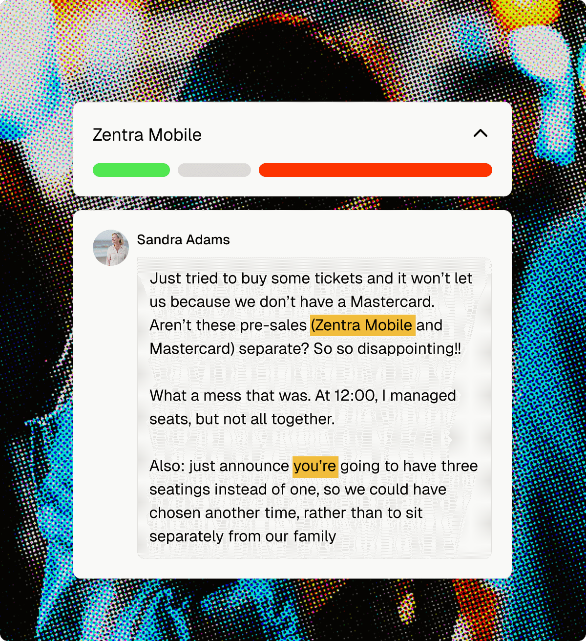 Sence surfacing a customer comment about Zentra Mobile, brand mentions highlighted and a sentiment bar weighted to negative.
